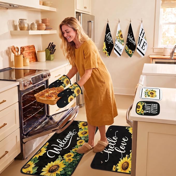 Tieshankao 10Pcs Sunflower Kitchen Decor Kitchen Accessories Set | Summer Yellow Towels Oven Mitts Pot Holders Rugs and Mats for Baking Housewarming Cooking Gifts