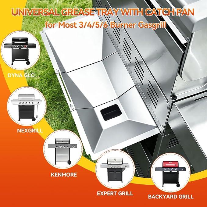 Universal Grease Tray with Catch Pan for Nexgrill 720-0888s 720-0888n, 720-0830h Charbroil, Dynaglo, Kenmore, BHG, Grill Master, Backyard, Expert Gas Grill, Adjustable Drip Pan for Most 3/4/5/6 Burner