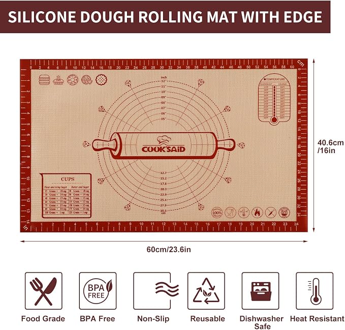 Cook's Aid Silicone Pastry Mat Extra Large with Measurements 26''x16'' for Reusable,Non-slip Silicone Baking Mat, Counter, Dough Rolling, Oven Liner,Fondant/Pie Crust, Red