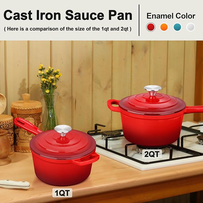 1 Quart Saucepan with Lid, Leonyo Enameled Cast Iron Sauce Pan with Lid, Small Enamel Cast Iron Dutch Oven Kitchen Cookware for All Cooktops Cooking Pasta, Soup, Milk - Up to 500°F & 4.4Lbs, Red