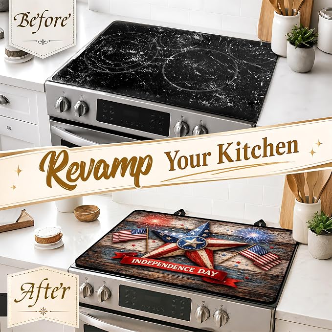 Patriotic Electric Stove Top Cover | Heat Resistant Glass Cooktop Protector for Kitchen Ceramic Countertops, Multiuse Stove Cover and Dish Drying Mat