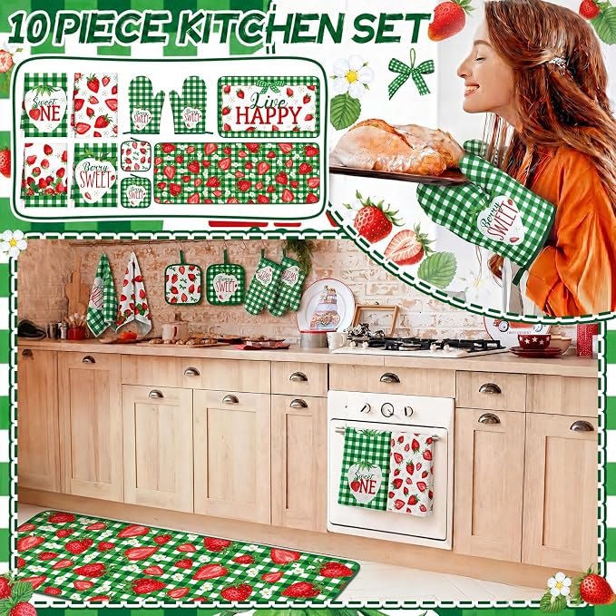 Fourluoo 10 Pcs Strawberry Kitchen Decor Set Dish Towels Rugs Oven Mitts and Pot Holders for Cooking Baking Grilling Women Mom Gift