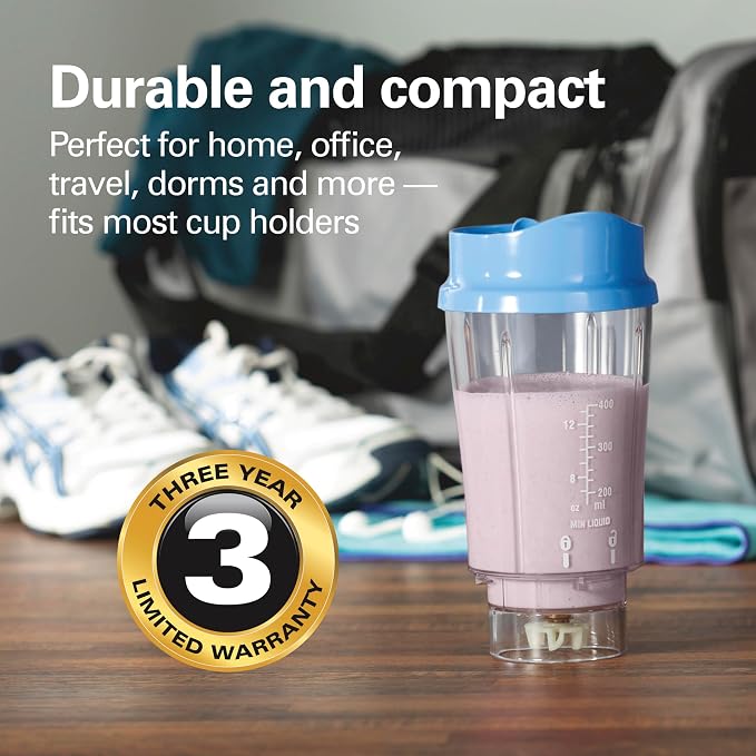 Hamilton Beach Portable Blender for Smoothies With 14 oz. Travel Jar | BPA Free Jar & Lid | Durable Stainless Steel Blades | 300 Watts Peak Power | Personal Smoothie Blender | Blue | 51172G