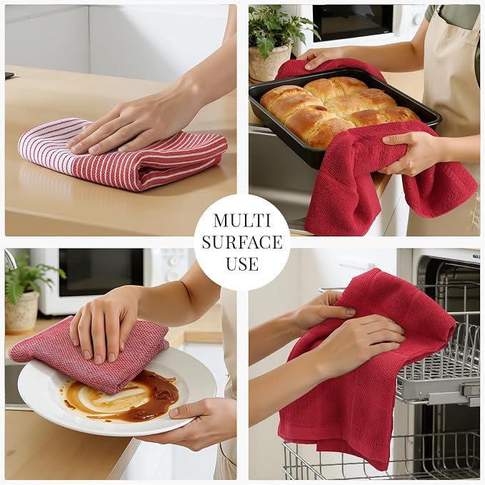Homaxy 9 Pack Cotton Terry Premium Kitchen Towels, 18 x 28 in, Red | Large 380 GSM Dish Towels, Highly Absorben Flat & Terry Kitchen Hand Towels, Soft Utility Tea Towel Set with Hanging Loop