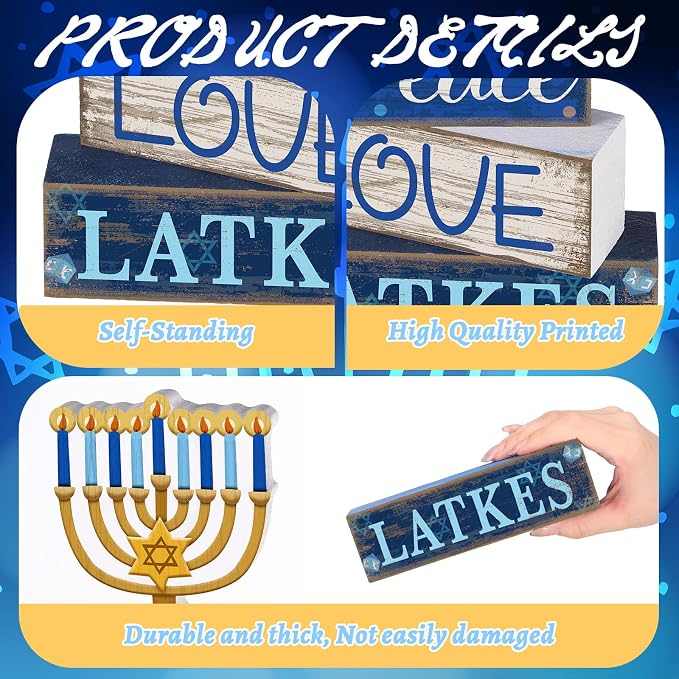 Lineshading 4 Pcs Hanukkah Decorations for Home Wooden Menorah Decor | Chanukah Table Decor, Hanukkah Centerpiece, Rustic Menorah Block Signs Jewish New Year Decoration for Home Tiered Tray Decor