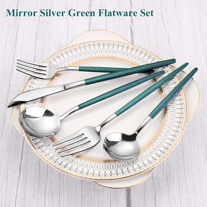 VANVRO Mirror Silver Green Silverware Set, 20-Piece Stainless Steel Flatware Set, Satin Finish tableware Cutlery Set, Service for 4, Home and Restaurant, Dishwasher Safe