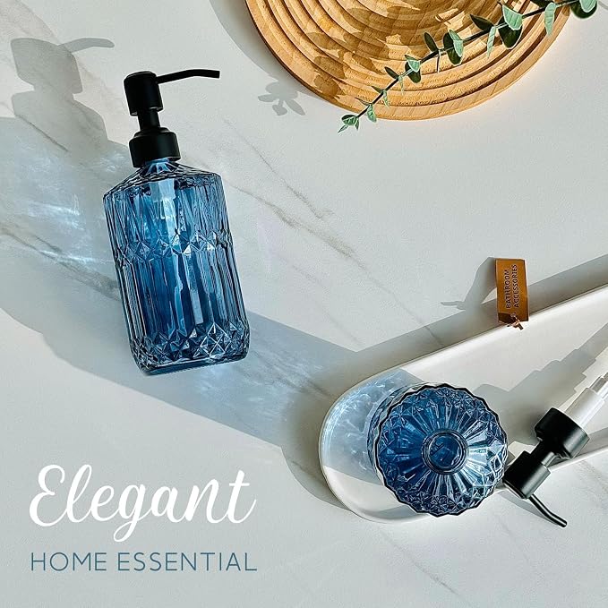 JASAI 18 Oz Blue Soap Dispenser with Black Rust Proof Pump | Refillable Bathroom Soap Dispenser with Thick Glass, Kitchen Soap Dispenser for Hand Soap, Dish Soap, Lotion.(Blue)