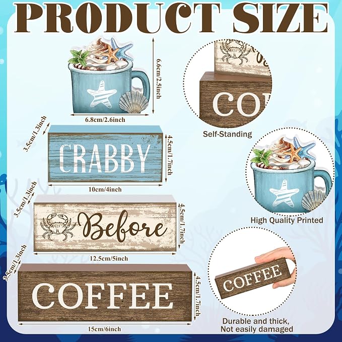 Lineshading 4 Pcs Coffee Beach Decor Wooden Blocks, Coastal Tiered Tray | Stackable Farmhouse Signs, Blue White Summer Decoration, Rustic Wooden Blocks for Coffee Bar, Home Tabletop