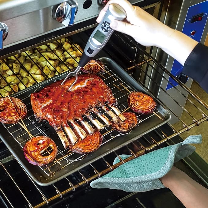 Pot Holders Yarn-Dyed Set of 3 Non Slip Silicone Kitchen Lines | Heat Resistant 500℉ Kitchen Gloves BBQ Baking Women Men Cooking Barbecue Microwave Machine Washable (L-Blue Potholder)