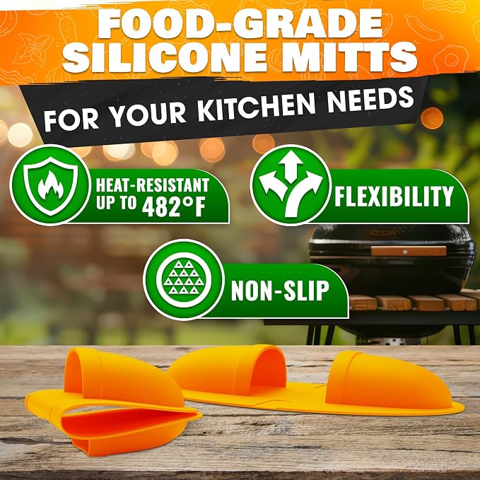2 Pcs Silicone BBQ Grill Mitts, 480°F Heat-Resistant (Yellow) | BBQ Mitts for Grilling Set of 2, Secure Grip for Hot Trays and Pans, Dishwasher Safe, Flexible, Non-Slip, Food-Grade Material