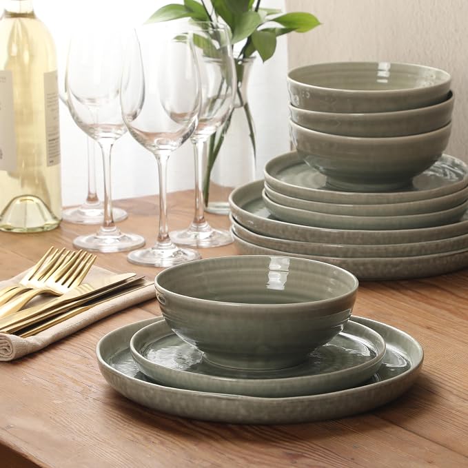 Gibson Elite Eclipse Swirls Plates and Bowls Sets, 12-Piece Stoneware Dinnerware Sets, Reactive Glaze Dish Set - Green