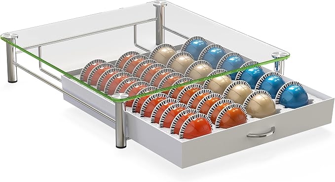 Deco Brothers Tempered Glass Vertuo Pod Holder, Fits 24 Large/48 Small Pods | Compatible with Nespresso Capsule, White