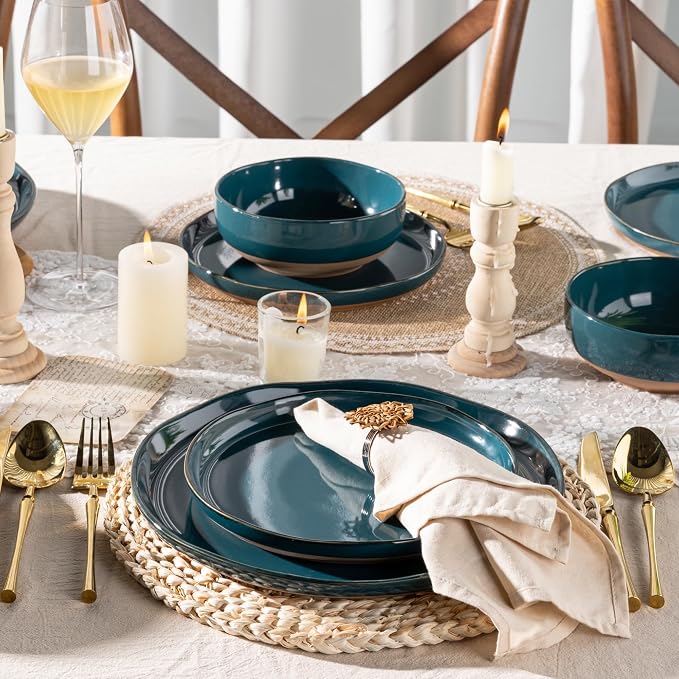 AmorArc Dinnerware Sets for 4, 12 Pieces Ceramic Plates and Bowls Set | Scratch Resistant Stoneware Dishes Set, Dishwasher & Microwave Safe,Deep Green