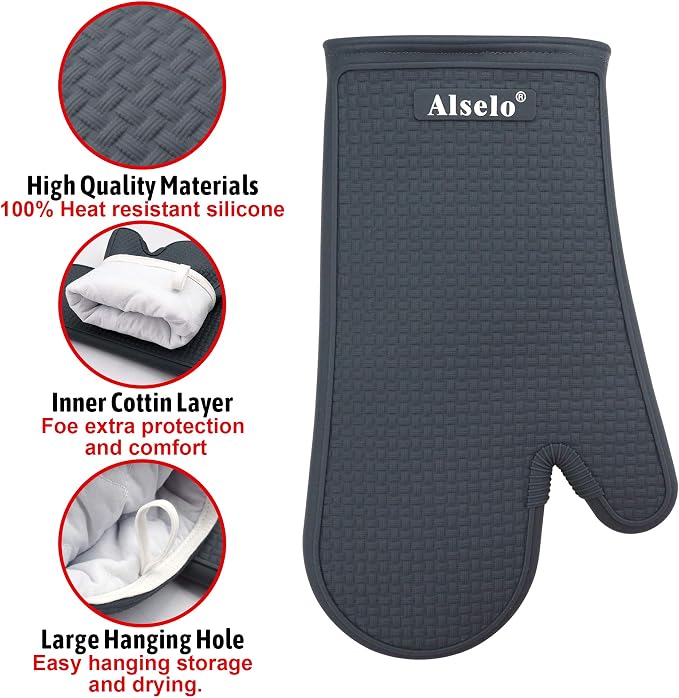 Alselo Silicone Oven Mitts Set, Heat Resistant 550 Degree,7.5"x12" | Kitchen Mittens,Waterproof & Non-Silp Oven gloves for Baking Cooking Barbecue Microwave & Machine Washable(Grey, 2)