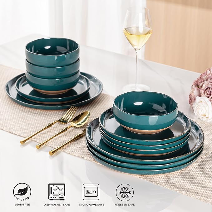 AmorArc Dinnerware Sets for 4, 12 Pieces Ceramic Plates and Bowls Set | Scratch Resistant Stoneware Dishes Set, Dishwasher & Microwave Safe,Deep Green
