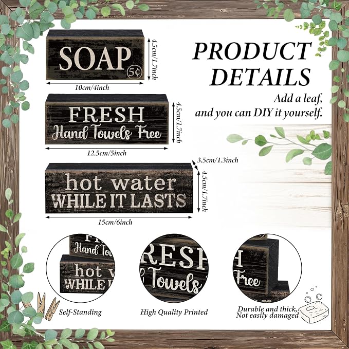 Lineshading 4 Pcs Wooden Bathroom Block Signs, Farmhouse Shelf Decor | Stackable Tiered Tray Pieces with Vintage Sayings, Rustic Bathroom Shelf Accents, Distressed Black Wood Tabletop Display