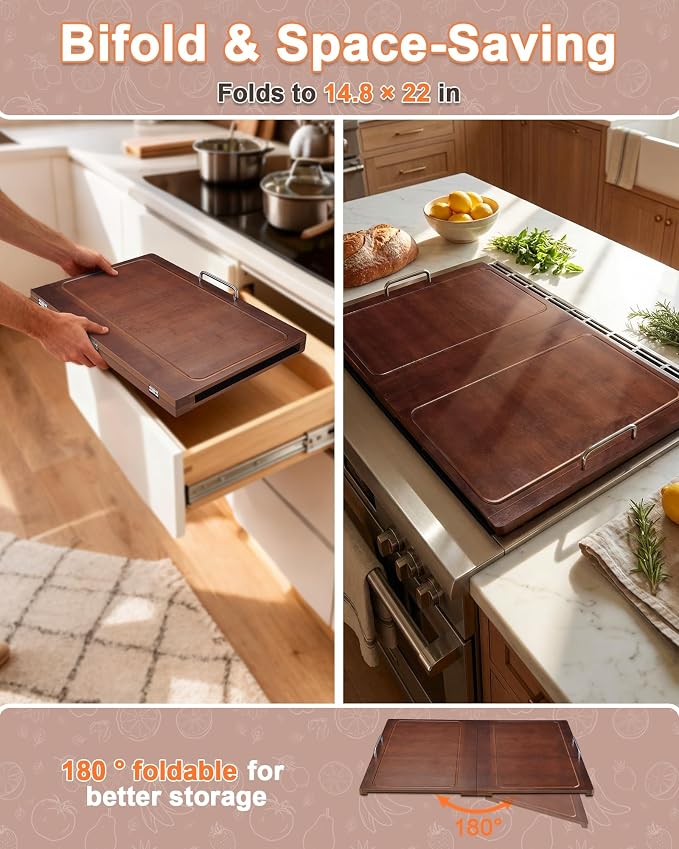 UTCG 29.5×22in Foldable Noodle Board Stove Cover for Kitchen Prep Space | Bamboo Multiple Stove Top Cover with Handles for Gas & Electric Stoves - As Sink Cover ＆ Decorative Tray