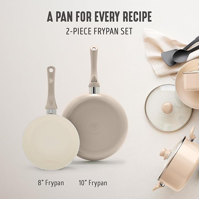 GreenLife 2 Piece (8" & 10") Ceramic Nonstick Skillet Set, Beige Taupe | PFAS-Free Nonstick Coating, Frying Pans, Omelet Pans, Everyday Pan, Induction Ready, All Stovetop Compatible, Dishwasher Safe