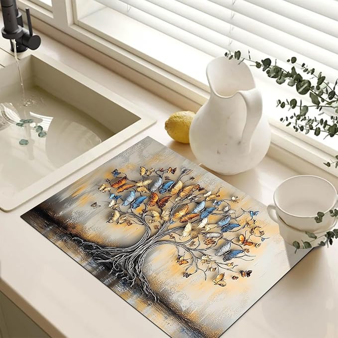 HOMETITUTE Gold Butterfly Tree Stove Top Cover 28x20 3D Diatomite Mat