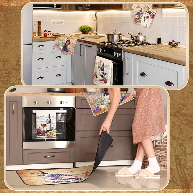 Fourluoo 10 Pcs Wine Kitchen Dish Towels Rugs Oven Mitts and Pot Holders Set Farmhouse Kitchen Decor Set for Women Mom Daughter Gift Cooking Baking Grilling (Rustic Color)