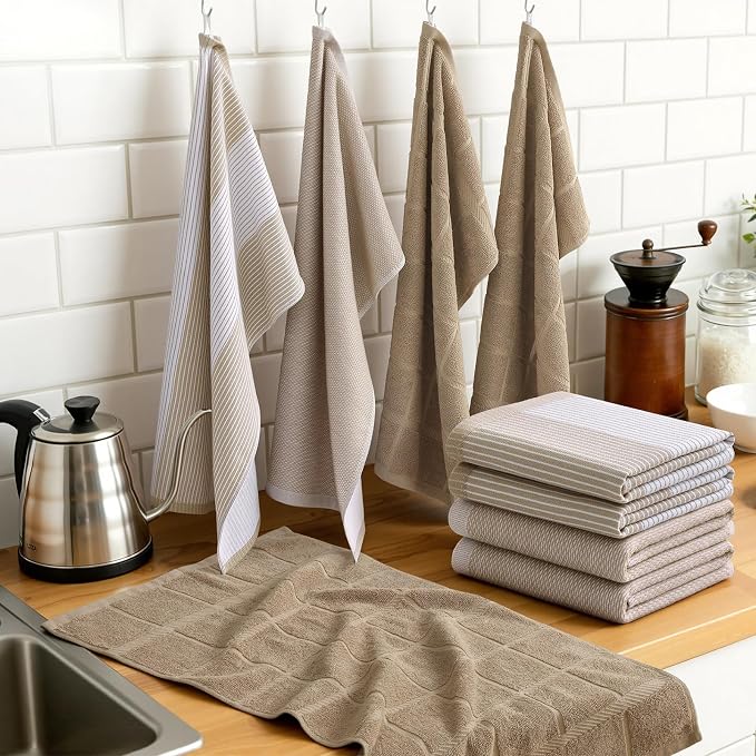 Homaxy 6 Pack Cotton Terry Premium Kitchen Towels, 18 x 28 in, Khaki | Large 380 GSM Dish Towels, Highly Absorben Flat & Terry Kitchen Hand Towels, Soft Utility Tea Towel Set with Hanging Loop