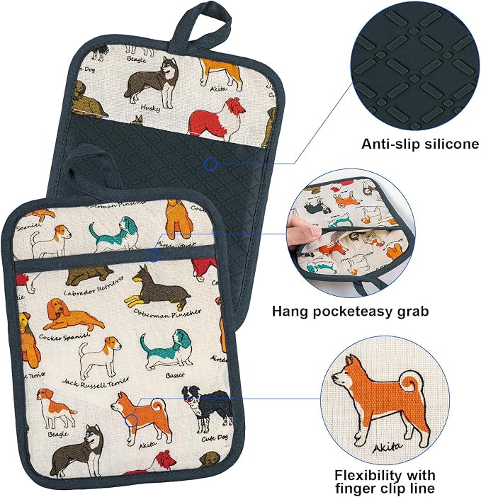 Alselo Oven Mitts and Pot Holders with Chef Apron,Kitchen Set of 5 | Heat Resistant Kitchen Gloves and Silicone Non-Slip Potholders Adjustable Neck Buckle Chef Apron, Cotton Dog Design (Dog)