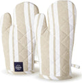 Encasa XO Oven Mitts, Heat Resistant Kitchen Gloves, Microwave | Franca Beige Stripes, 100% Cotton | Diamond Quilted Insulation | Pot Holders | Hanging Loop | Barbecue & Grill | Set of 2