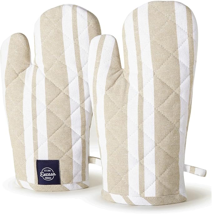 Encasa XO Oven Mitts, Heat Resistant Kitchen Gloves, Microwave | Franca Beige Stripes, 100% Cotton | Diamond Quilted Insulation | Pot Holders | Hanging Loop | Barbecue & Grill | Set of 2