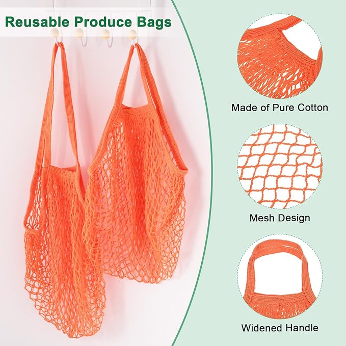 M METERXITY 2-Pack Cotton Mesh Bag, Reusable Washable Mesh Net String Grocery Bags, Reusable Produce Bags with Handle, Net Tote Bag for Fruits/Vegetables Shopping [Orange, Long&Short Handle]