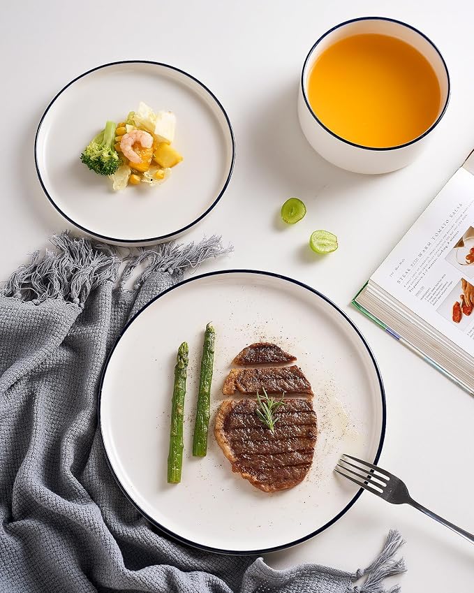 Famiware Porcelain 18-Piece Dinnerware Set, White with Blue Trim | Plates and Bowls for 6, Dishwasher & Microwave Safe, Chip & Scratch Resistant, Ideal for Everyday & Formal Use