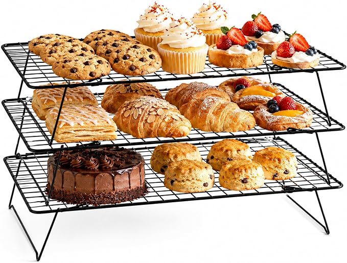 Cooling Rack 16"x10", 3-Tier Stackable & Collapsible Cooling Racks | Cooling Racks for Cooking and Baking, Roasting, Grilling, Oven & Dishwasher Safe (Black, 3-Tier)