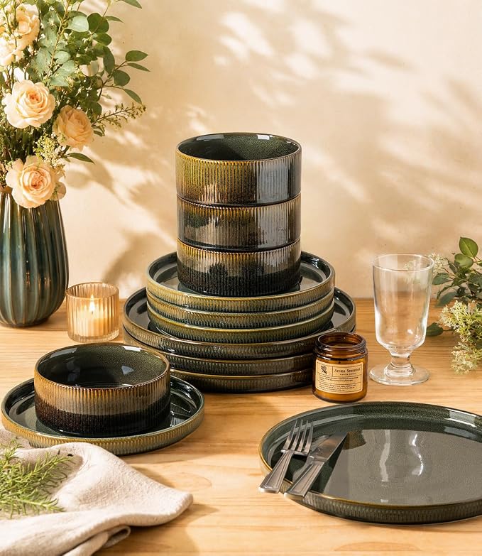 Ceramic Dinnerware Set for 4, 12-Piece Plates and Bowls Set | Lightweight Porcelain Dish Set, Scratch Resistant, Oven & Microwave & Dishwasher Safe, Olive Green