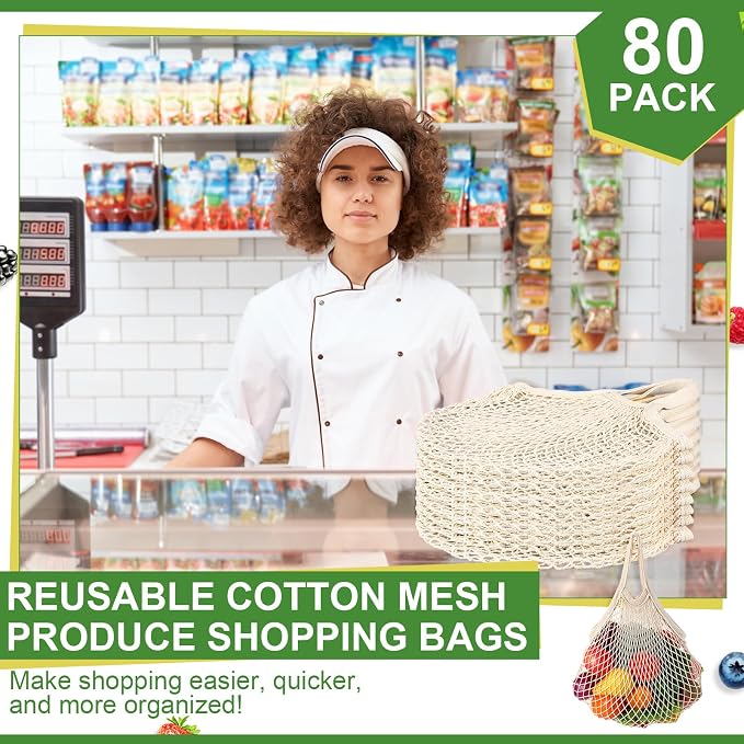 Paterr 80 Pack Cotton Mesh Produce Bags Bulk,Short Handle,Beige | Reusable Mesh Grocery Bags Bulk, Washable Net Market Tote String Shopping Bags, for Vegetable Fruit Beach Picnic Food Storage