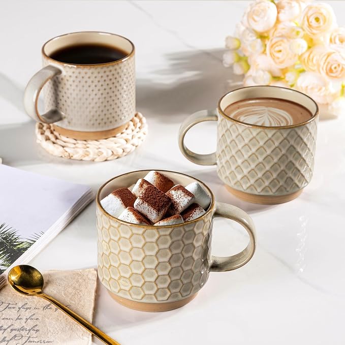 GBhome 12 OZ Stackable Coffee Mugs Set of 4, Ceramic Coffee Cups Set | 4 Assorted Designs, Embossed Mugs with Texture Patterns for Tea/Coffee, Dishwasher&Microwave Safe, Pale Khaki
