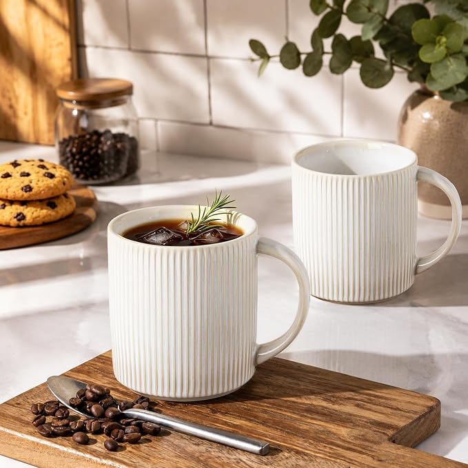 theterra Ceramic Coffee Mugs Set of 6, 14.2 oz Coffee Cups with Handle | Handmade, Suitable for Latte, Tea, Milk, Beer & Hot Cocoa, Reactive White