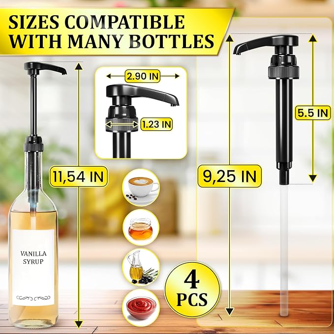 4 Pcs Coffee Syrup Pump Set for 750ml Bottles, Long Tube (Black) | Pumps for Syrup Bottles; 0.3 oz per Press; Food-Grade Plastic, Adjustable Tube, Lockable Mechanism; for Various Liquids