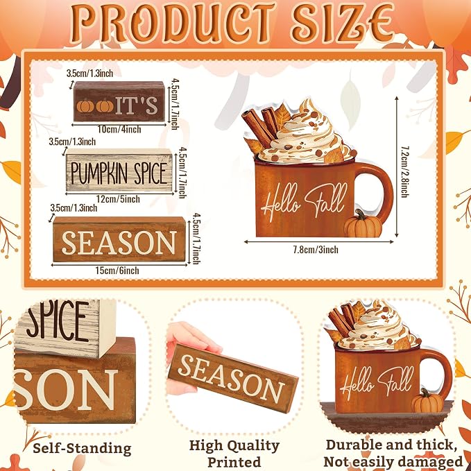 Lineshading 4 Pcs Wooden Fall Block Signs Pumpkin Spice Tabletop Decor | Rustic Farmhouse Stackable Design, Tiered Tray Displays, Coffee Table Centerpiece, Thanksgiving Seasonal Home Decor