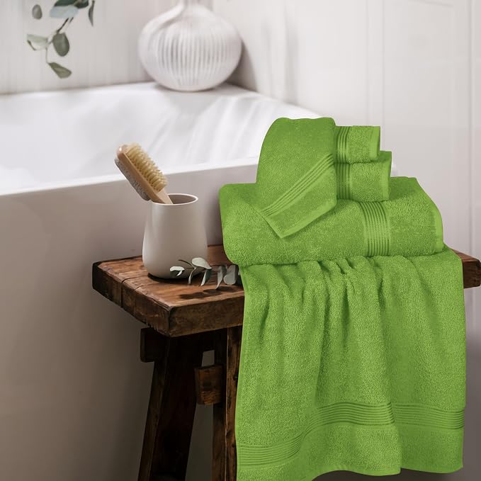 Ultra Soft 6 Pack Cotton Towel Set, Contains 2 Bath Towels 28x55 inch, 2 Hand Towels 16x24 inch & 2 Wash Coths 12x12 inch, Ideal for Everyday use, Compact & Lightweight - Kiwi Green
