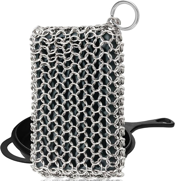 Herda 316L Cast Iron Scrubber Cleaner, Large Chainmail Cast Iron Cleaner | Honeycomb Silicone Insert,Flexible,Stainless Steel Chain Mail Metal Sponge Scrub Skillets,Oven,Flat Top,Grill Pan Pot Brush