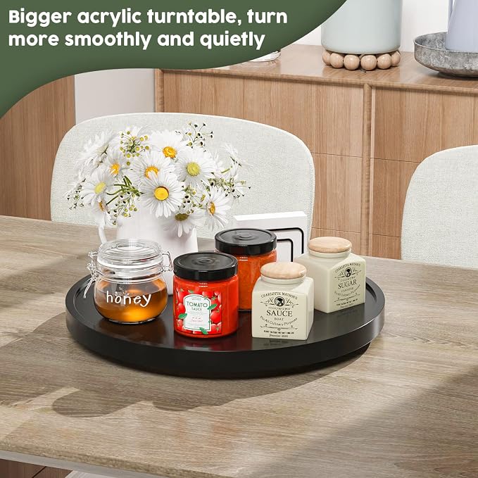 Lazy Susan Organizer, 13.2 Inch Non-Skid Bamboo Turntable | Kitchen Table Cabinets Closets and Kitchen Islands, Wood Turntable for Kitchen Countertop Organizer, Black