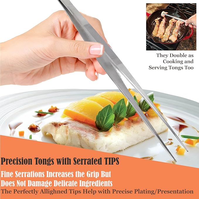 Professional Culinary Stainless Steel Precision Tongs with Serrated Tips, Plating/Food Presentation Detailing Serving Tongs, Chef's Kitchen Tweezer Tongs - Ultra Non-Slip Grip (10" STR Slim)