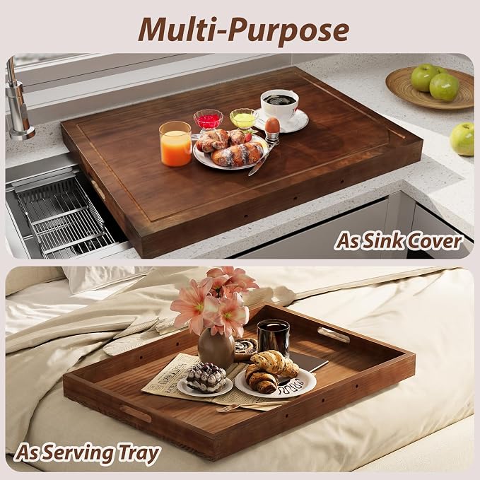 Wooden Stove Top Covers for Gas Burner and Electric Stove, Glass Cooktop Protector, Wood Noodle Board Stovetop Cover With Handles, Walnut