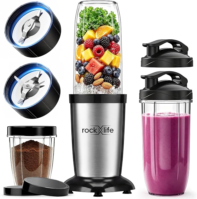 Personal Blender, Silver, 2-in-1 Smoothie Maker & Grinder | for smoothies, protein shakes, ice crushing, coffee beans, spices and nuts; BPA-free dishwasher-safe cups