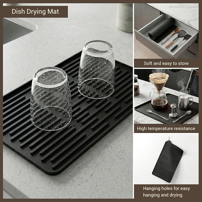 Silicone Coffee Mat for Countertop, 16x16 inch Heat Resistant Espresso Machine Mat, Non-Slip Coffee Bar Mat with Detachable Drying Area and Raised Edge, Waterproof Station Pad - Black