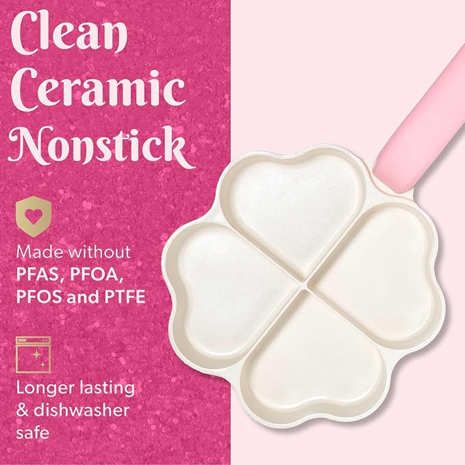Paris Hilton Heart-Shaped Divided Fry Pan, Ceramic Nonstick Frying Pan with Individual Heart Sections, Dishwasher Safe, 8-Inch, Pink