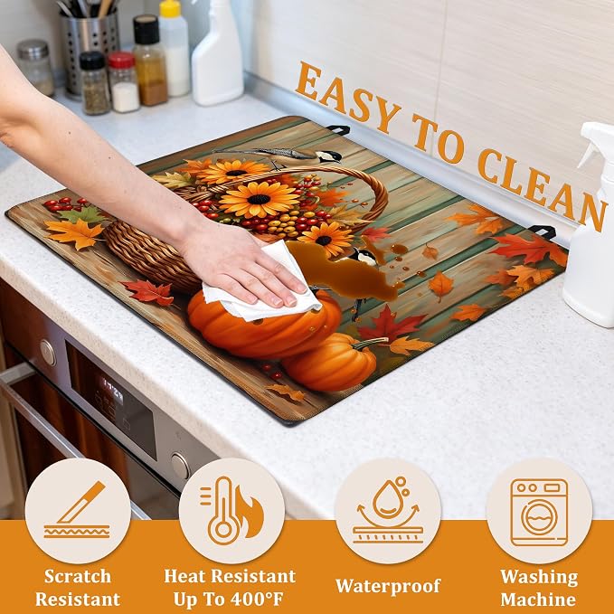 Fall Flowers Pumpkin Glass Top Stove Cover Protector,Cute Bird Stove Top Covers for Electric Stove,Washable Heat Resistant Cooktop Mat Anti-Slip Range Covers, 28 x 20 Inch