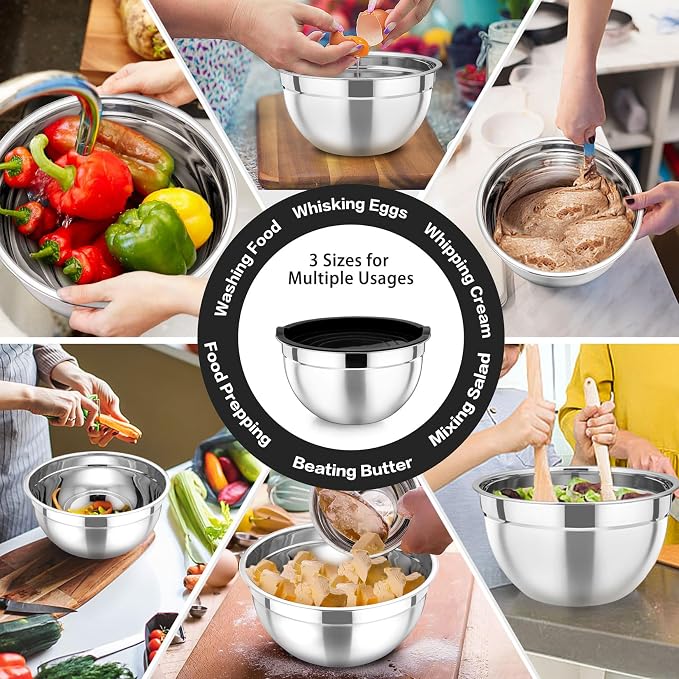 P&P CHEF Stainless Steel Mixing Bowls with Lids, Set of 3, Black | Nesting Salad Bowl, Sturdy& Rust Proof, Airtight & Stackable, Suit for Mixing, Storing, Prepping, 3 Size - 4.6/3 /1.5 QT