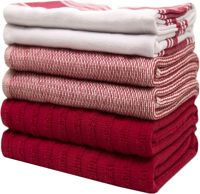 Premium Kitchen Towels 6 Pack 100% Cotton 20"x28" Dish Towels - Red Wide | Large Flat & Terry Kitchen Linen Set with Hanging Loops, Highly Absorbent for Washing and Drying Dishes