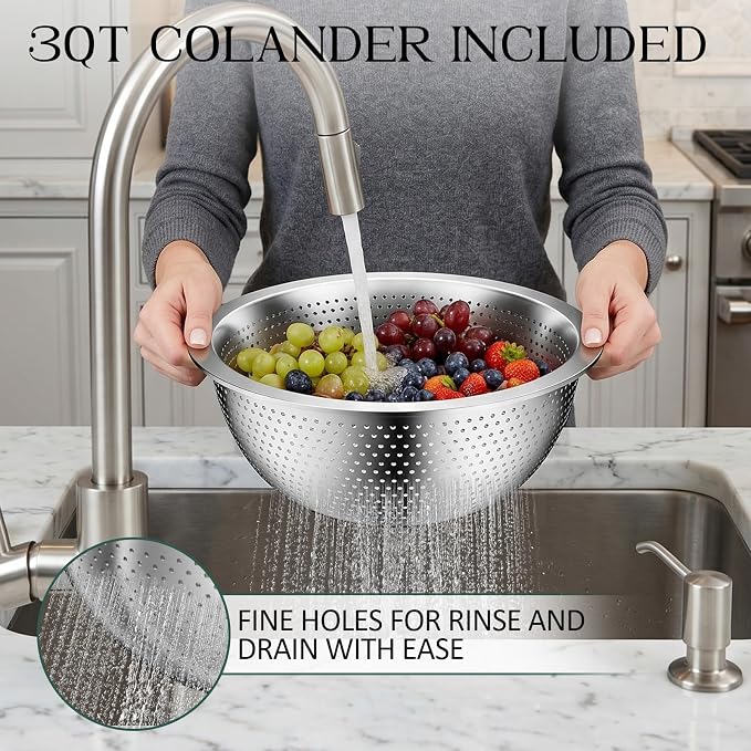 DUTZUN Mixing Bowls with Lids Set, Stainless Steel Mixing Bowls with Colander, Strainer with Mixing Bowl Set, Serving Bowl Kitchen Gift, Size 4.5, 2.5, 2, 1.5QT - Black