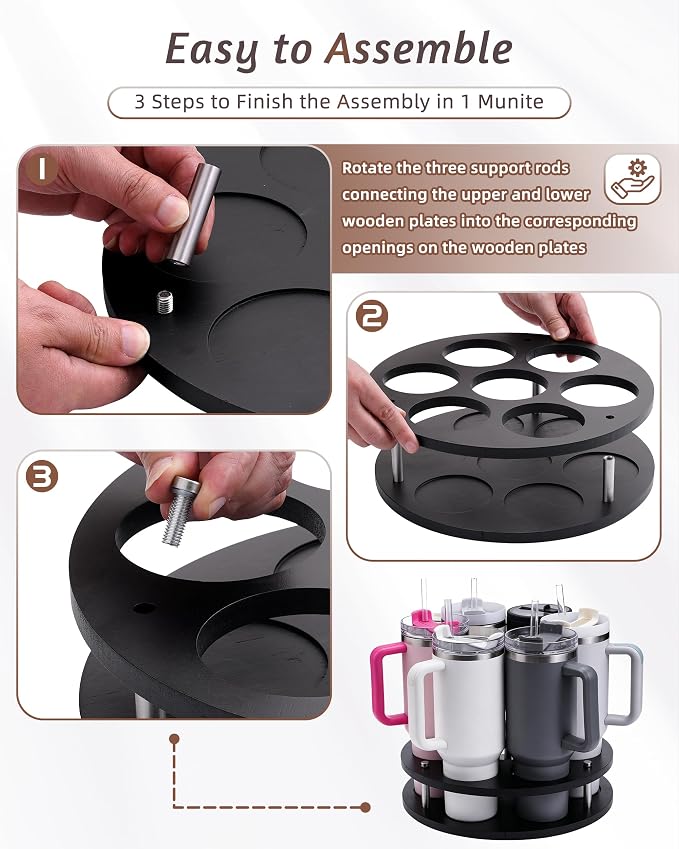 Rotating Wood Tumbler Organizer, 30 oz 40 oz Spinning Turnable Tumblers Holder, 360° Rotatable 7 Large Cups Bottle Tumbler Storage Display Stand, Rotate Syrup Organizer for Cabinet Countertop（Black）